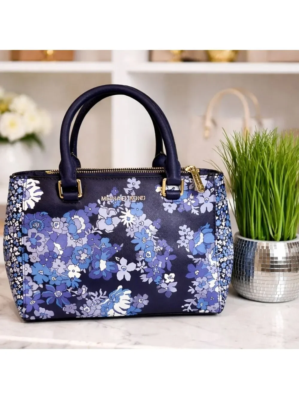 Michael Kors Kellen Blue hand bag Satchel with Floral Design Crossbody Purse guc
